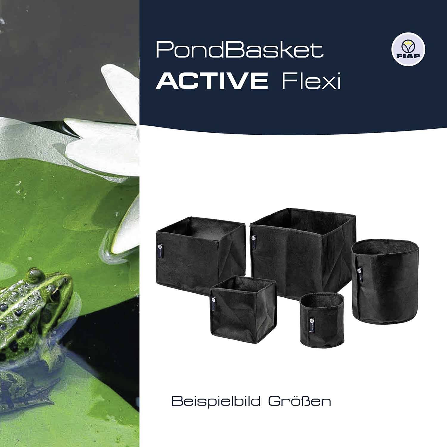 'PondBasket ACTIVE Flexi' von FIAP. Bild zeigt schwarze Teichkörbe in verschiedenen Größen neben einer grünen Wasseroberfläche mit Seerose.