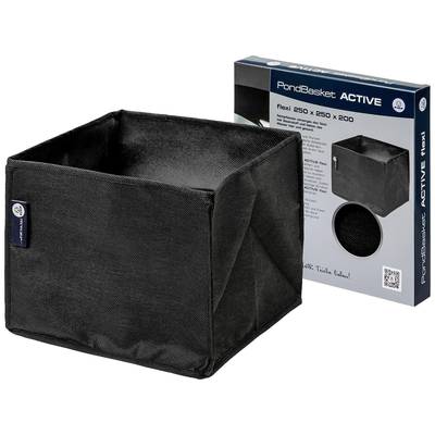 Schwarzes, faltbares Stoffbehältnis, quadratische Form. Verpackung im Hintergrund zeigt den Behälter als Produkt für Pflanzen oder Teiche.