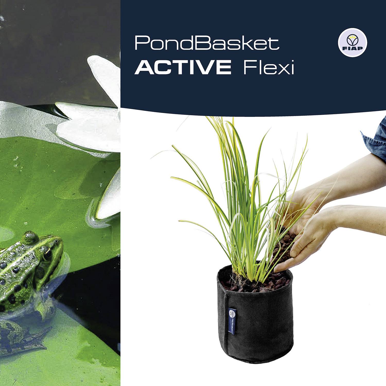 'PondBasket ACTIVE Flexi' wird für Teichpflanzen gezeigt. Links ein Frosch im Wasser, rechts eine Pflanze im flexiblen Korb.