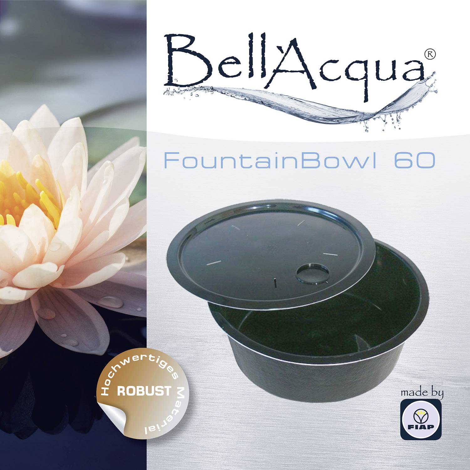 'BellAcqua FountainBowl 60' Produktbild, zeigt eine Schale aus hochwertigem, robustem Material, mit einer Seerose im Hintergrund.