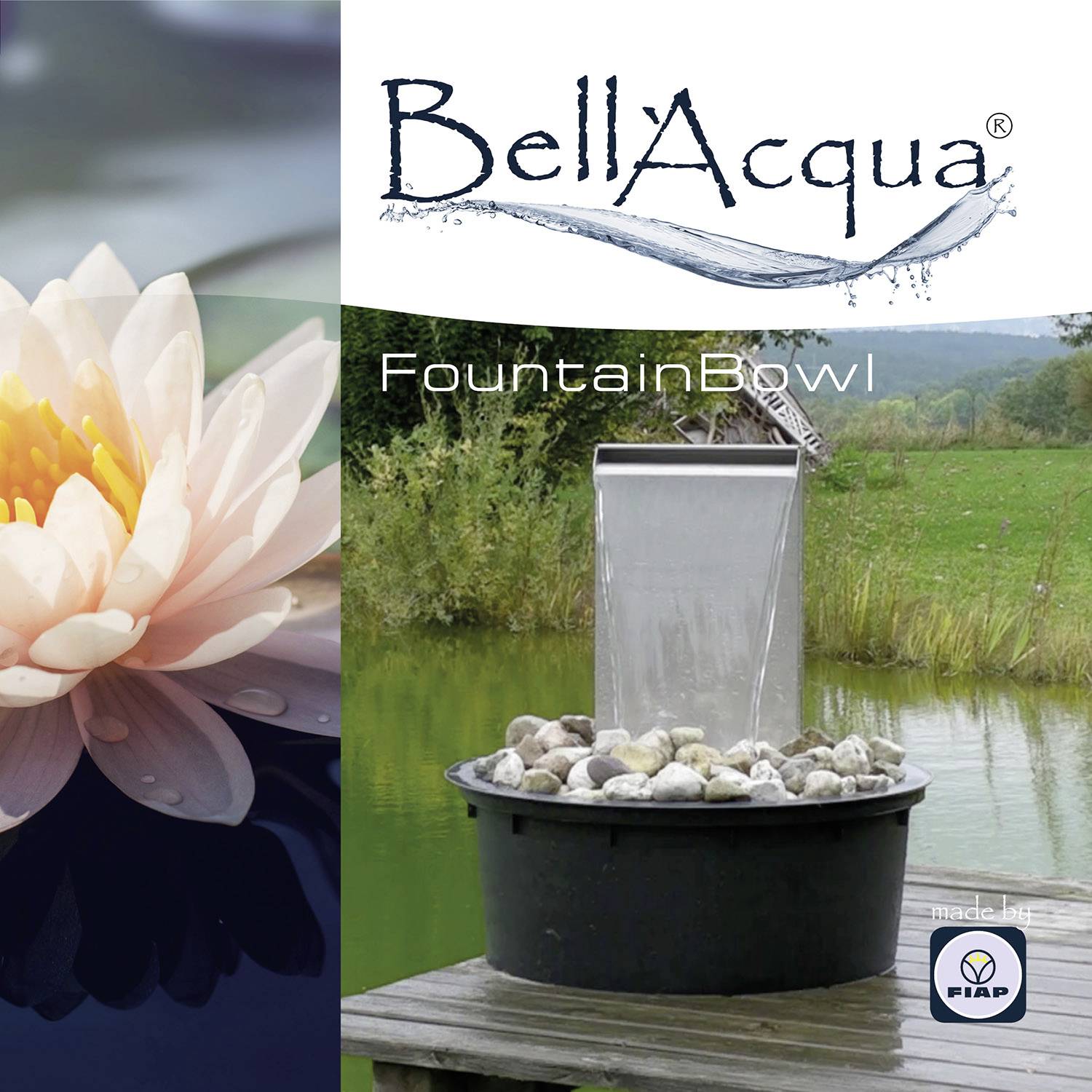 Eine Seerose in Nahaufnahme neben einem runden Wasserspiel aus Metall mit Steinen, aufgestellt in einer natürlichen Umgebung. Text: 'BellAcqua FountainBowl'.