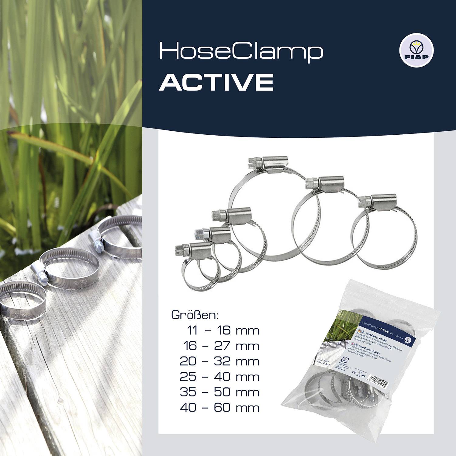 Produktbild von Schlauchklemmen in fünf Größen: 11-16 mm, 16-25 mm, 20-32 mm, 25-40 mm, 40-60 mm, mit Verpackung im Hintergrund.
