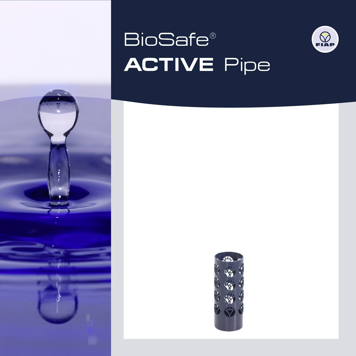 'BioSafe ACTIVE Pipe' Produktabbildung mit zylindrischem Filter und Wassertropfen.