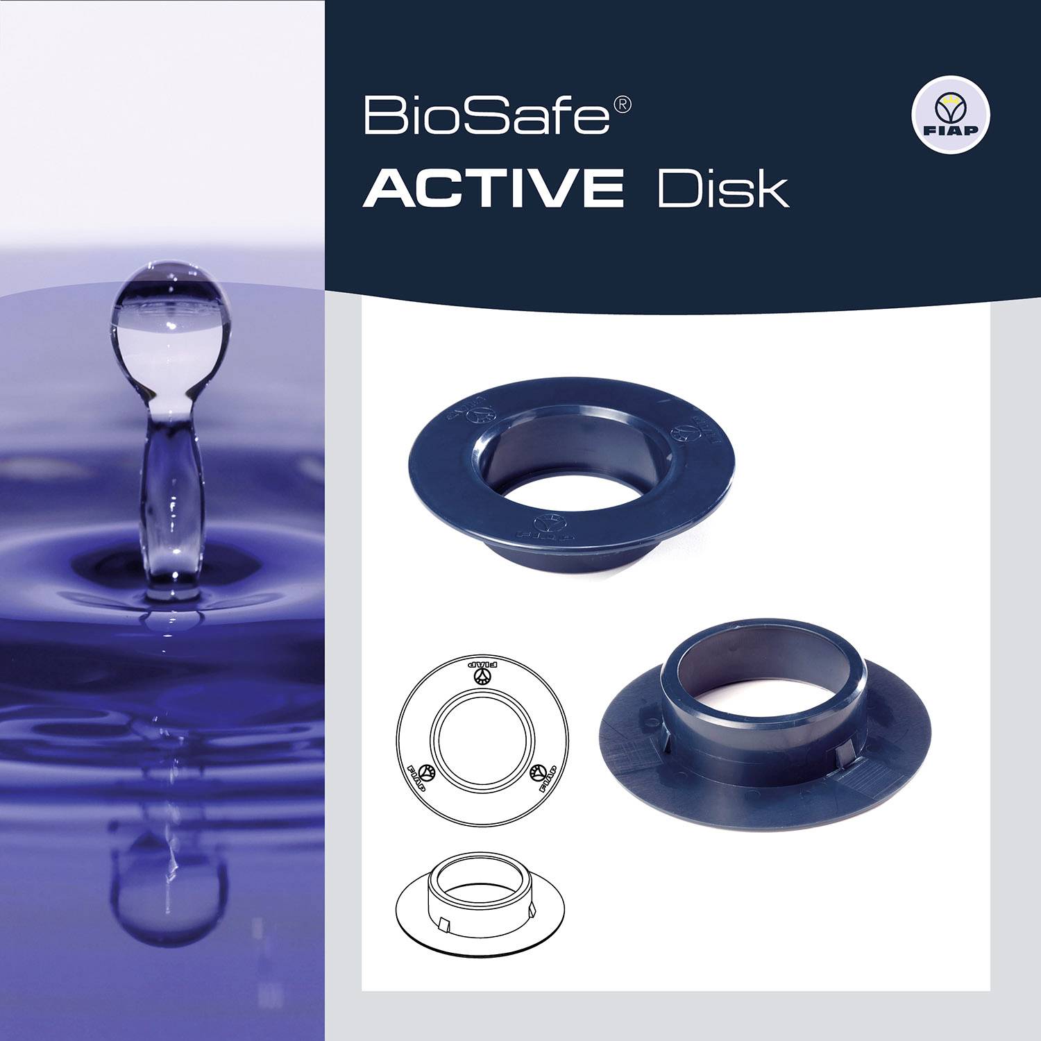 Die Abbildung zeigt den BioSafe ACTIVE Disk. Oben links ein Wassertropfen, rechts die Disk in verschiedenen Ansichten. Logo rechts oben.