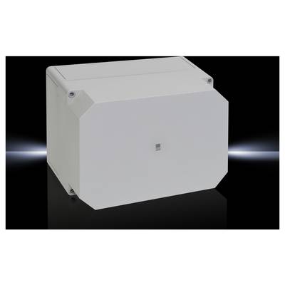 Weiße rechteckige elektronische Box mit abgerundeten Kanten, vor schwarzem Hintergrund. Sie besitzt vier sichtbare Befestigungsschrauben.