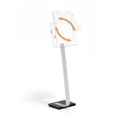 Ein höhenverstellbarer Ständer mit einem schwenkbaren Element, auf dem orangene Pfeile eine Rotationsbewegung anzeigen.