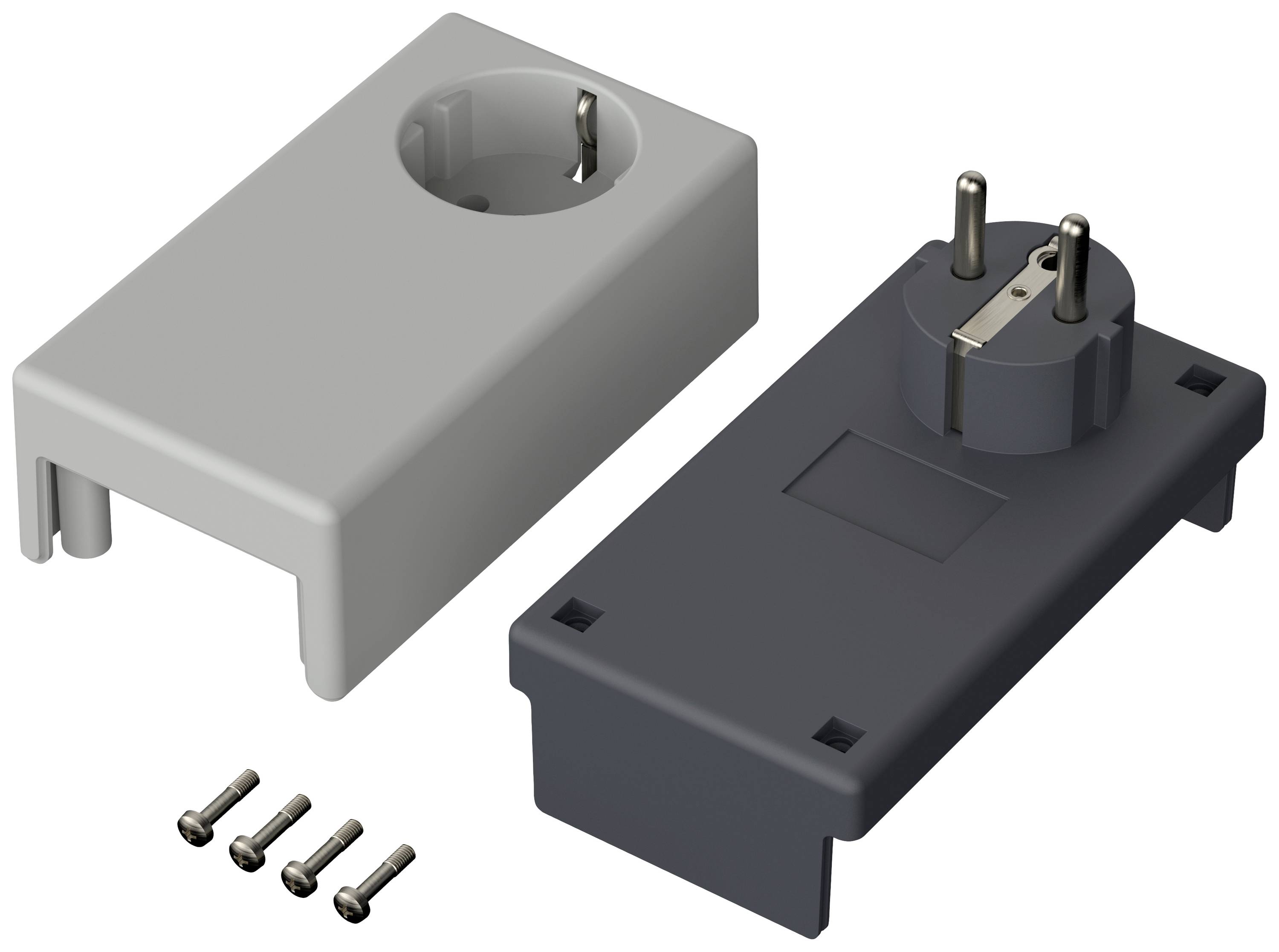 Ein graues und ein schwarzes rechteckiges Gehäuse, von oben abgebildet, mit vier beiliegenden Schrauben. Das schwarze Gehäuse hat einen Schukostecker.