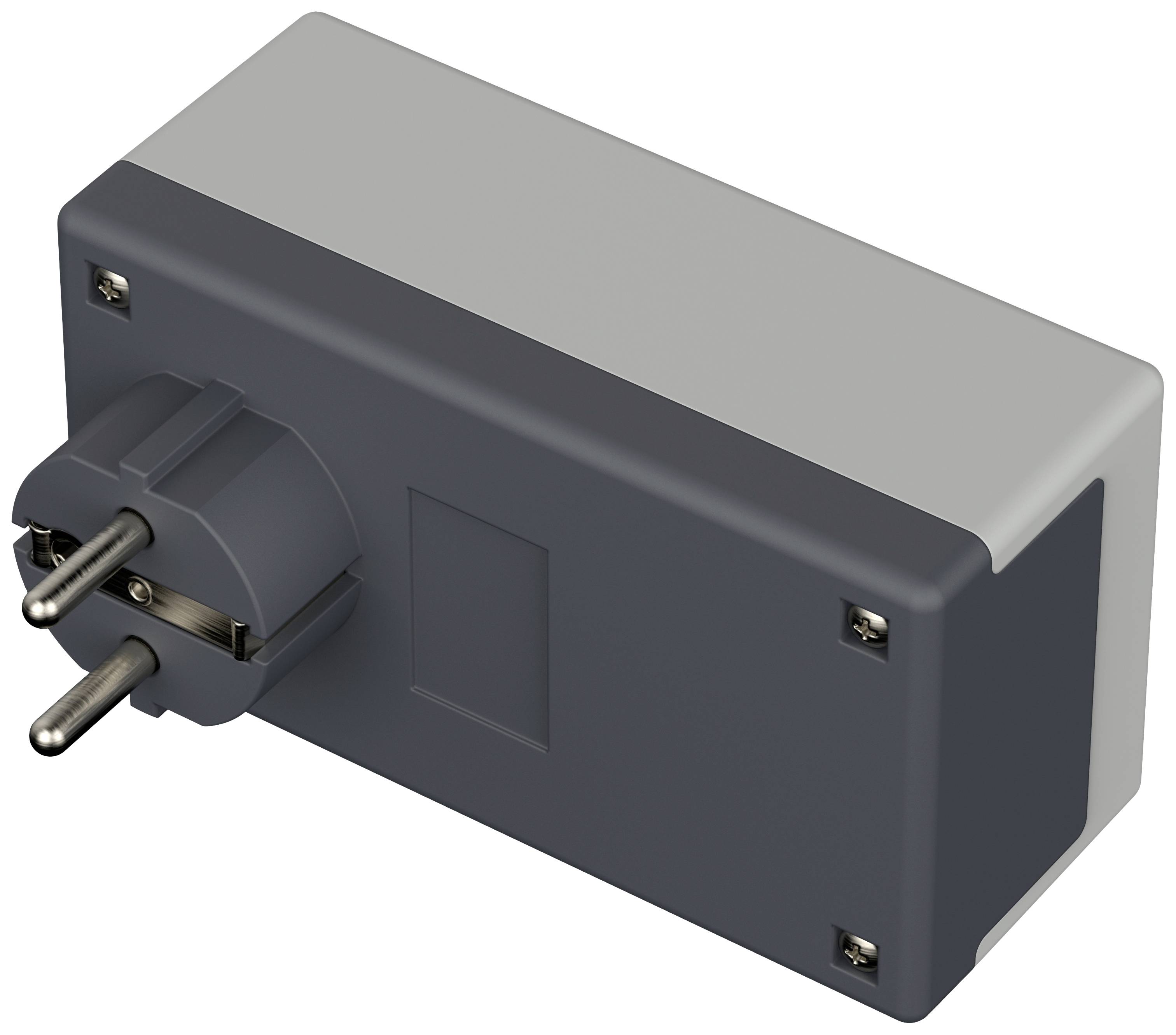 Ein rechteckiger, grauer Steckeradapter mit zwei runden Stiften.