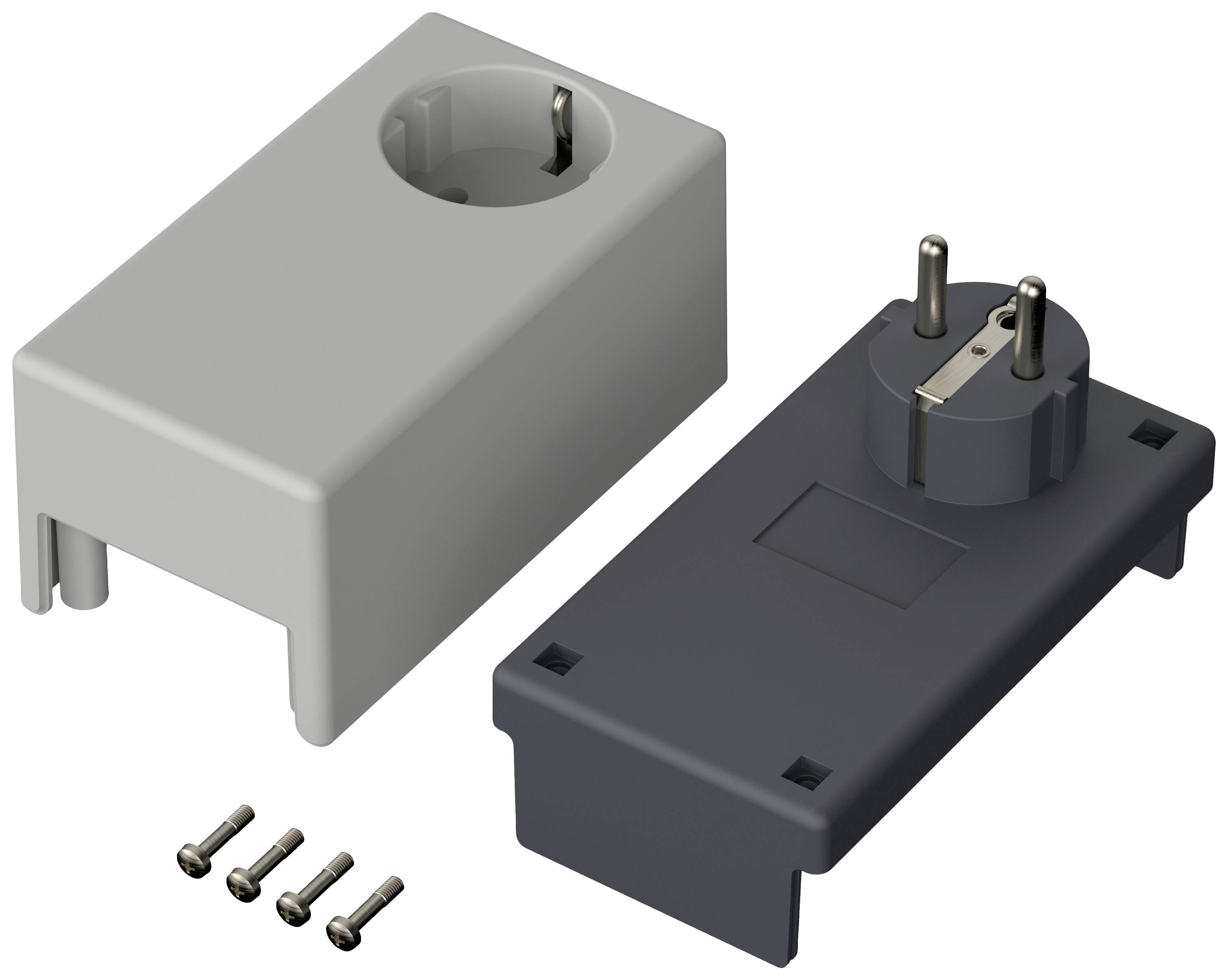 Grauer Adaptergehäusedeckel mit passendem sockel. Daneben sind vier kleine Schrauben abgebildet.