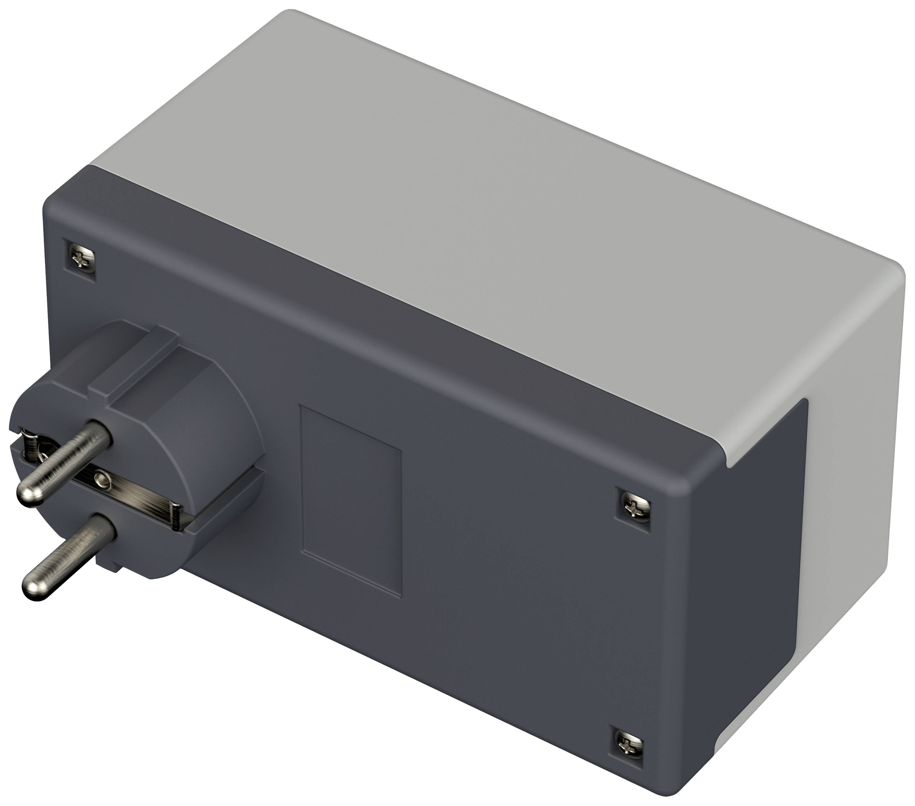 Ein rechteckiger, grauer Adapter mit einem Eurostecker auf der linken Seite.