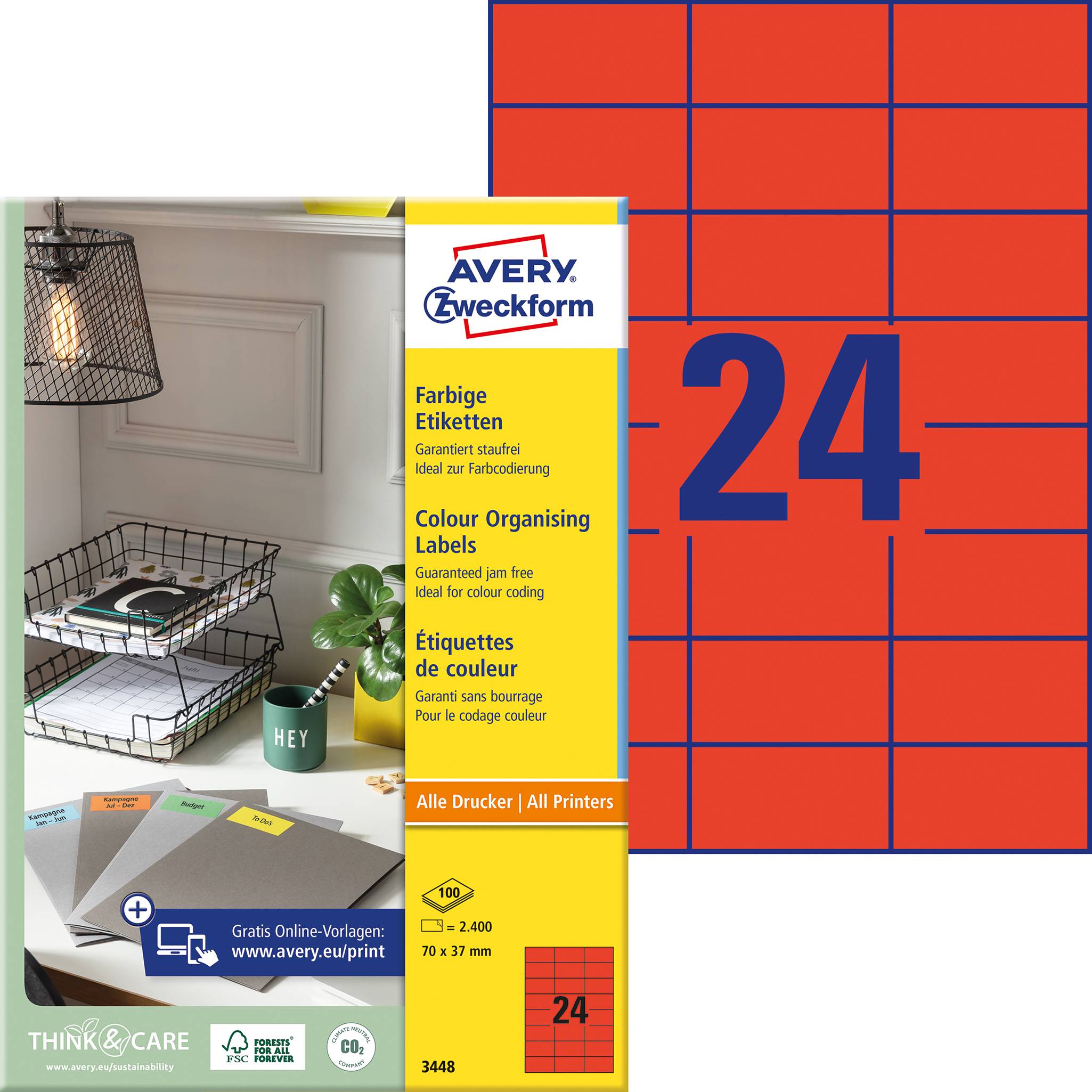 ZWECKFORM Avery - Aktenetiketten (File Folder Labels) - Rot - 70 x 37 mm - 2400 Etikett(en) (100 Bog
