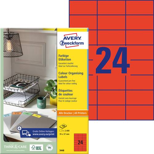Avery-Zweckform 3448 Universal-Etiketten 70 x 37 mm Papier Rot 2400 St. Permanent haftend Tintenstrahldrucker, Laserdruc...