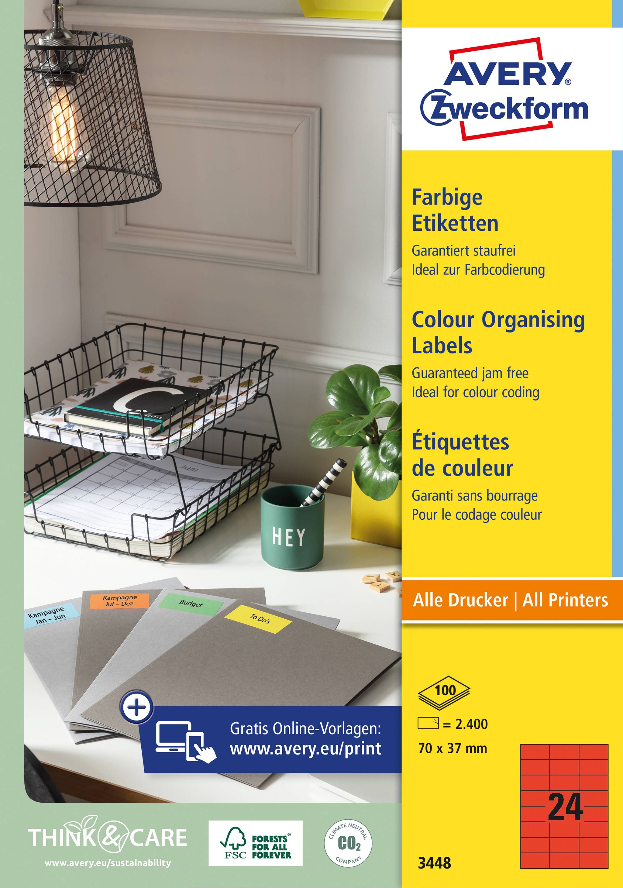 Farbige Etiketten von Avery Zweckform. Ideal für Farbcodierung. Enthält 24 Etiketten, 70 x 37 mm, für alle Drucker geeignet.