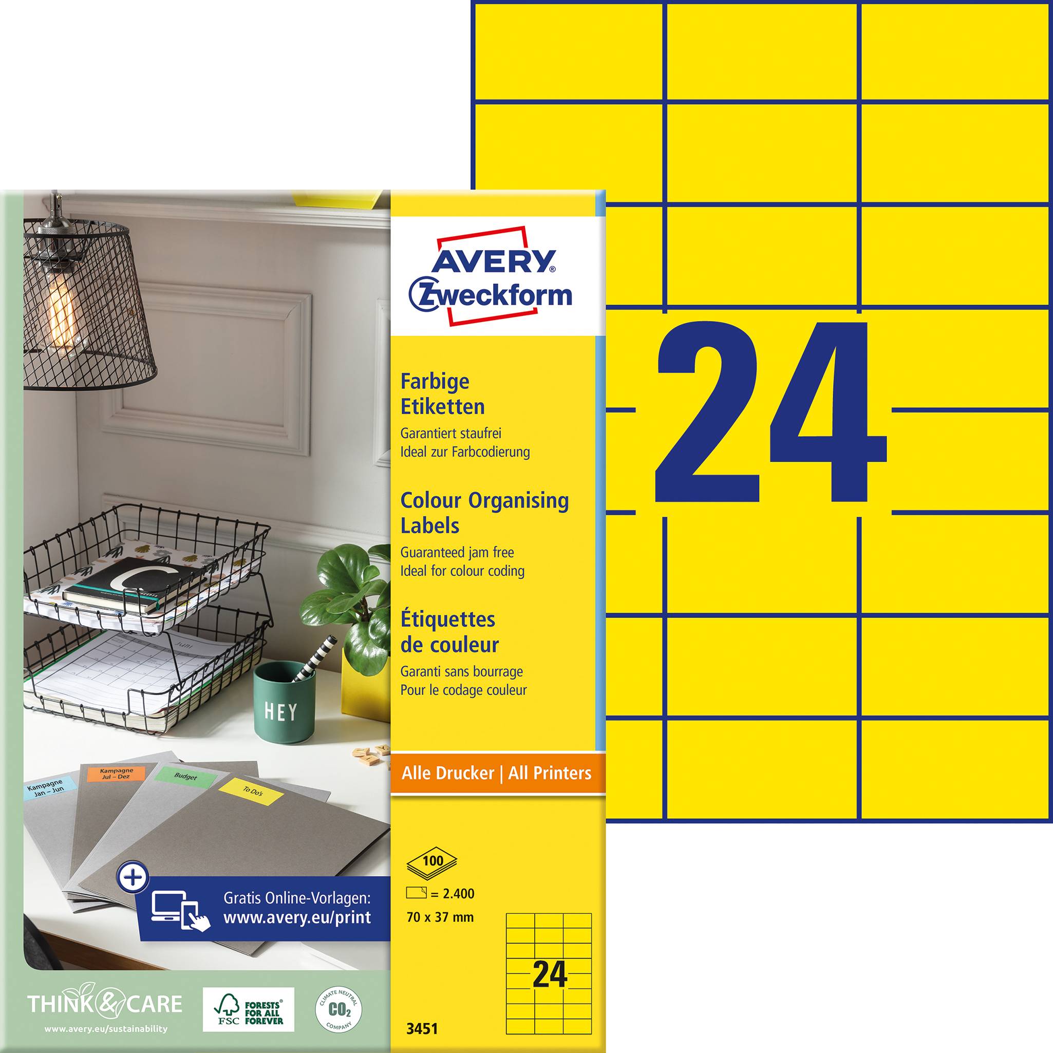 ZWECKFORM AVERY Universal-Etiketten, 70 x 37 mm, gelb (3451)