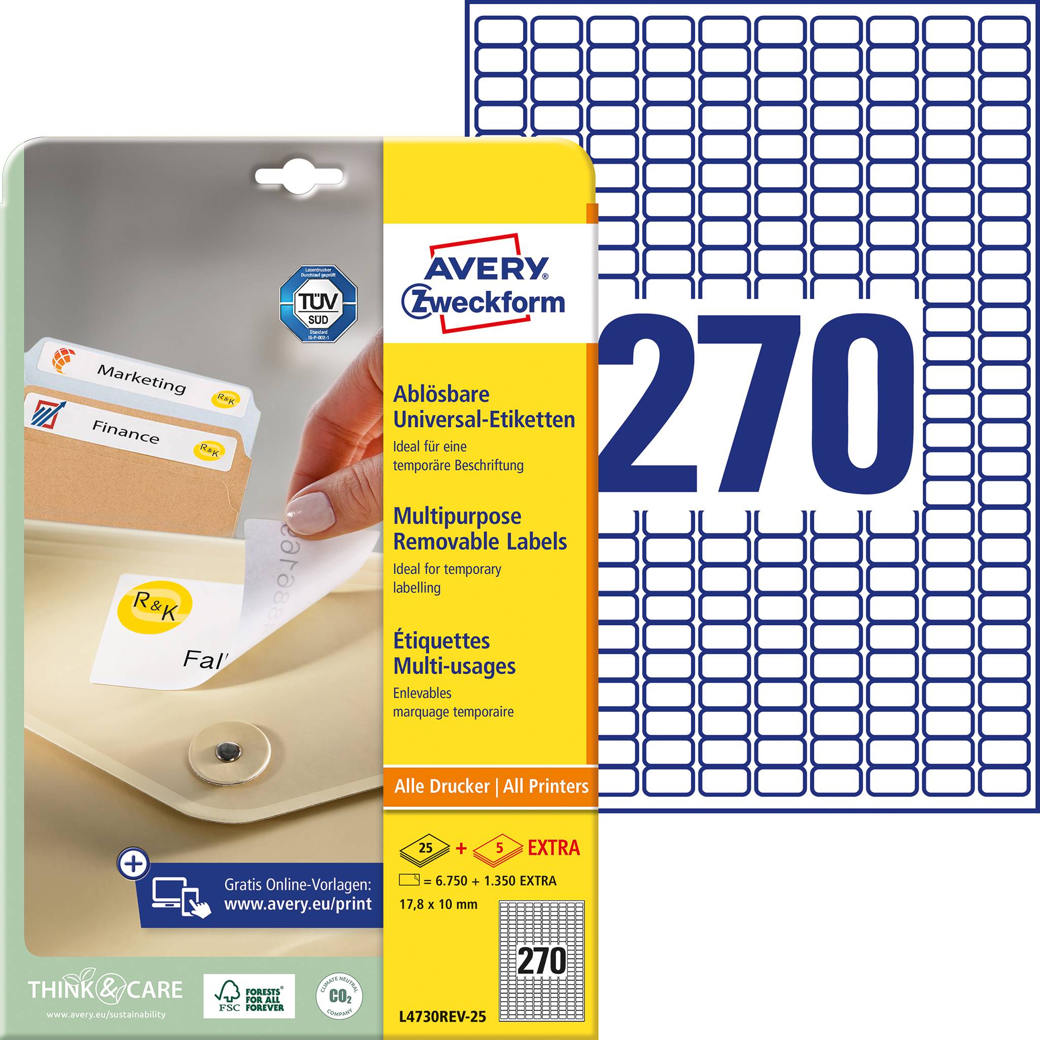 Avery-Zweckform L4730REV-25 Universal-Etiketten 17.8 x 10 mm Papier Weiß 8100 St. Wiederablösbar Tintenstrahldrucker, La