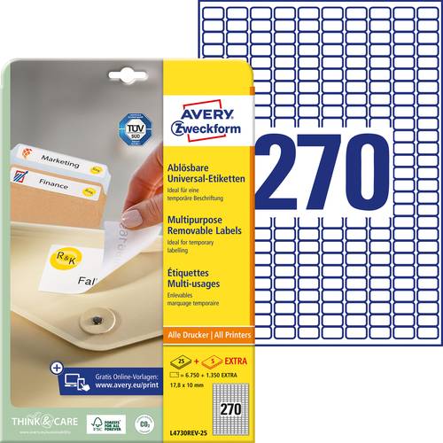 Thumbnail - Avery-Zweckform L4730REV-25 Universal-Etiketten 17.8 x 10 mm Papier Weiß 8100 St. Wiederablösbar Tintenstrahldrucker, La...