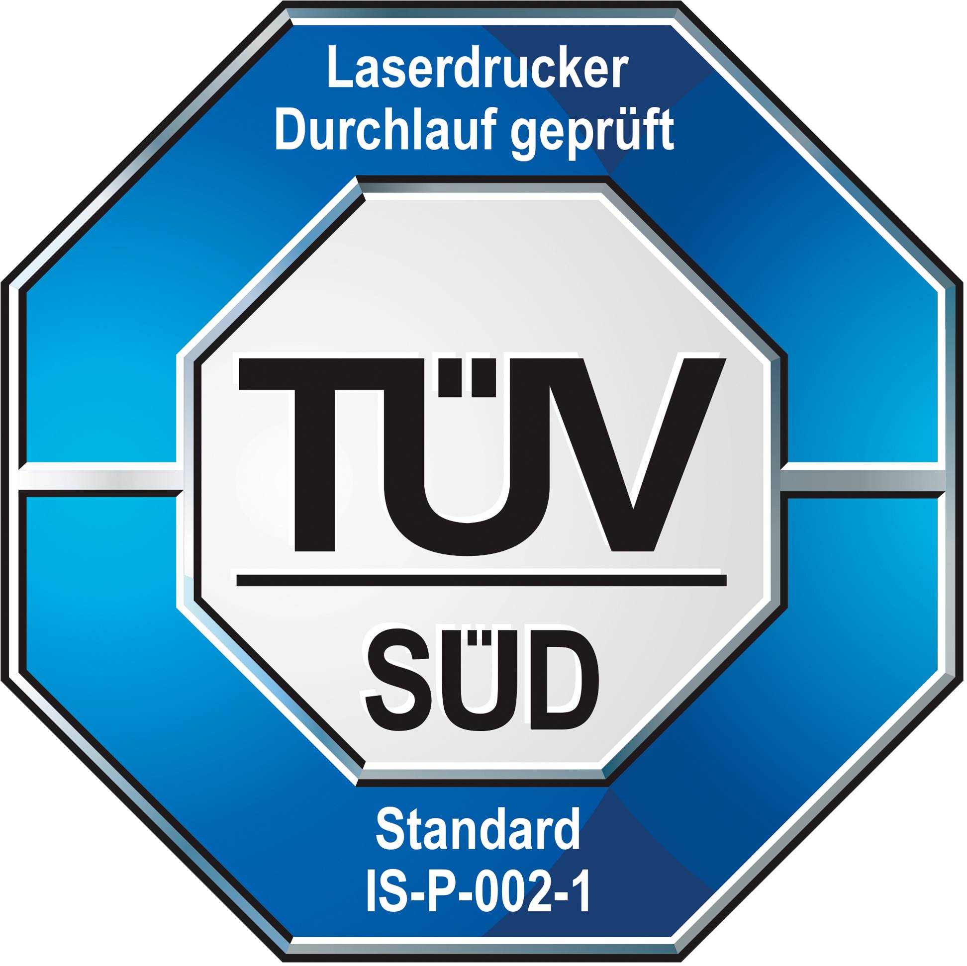 'Zertifikat für Laserdrucker-Durchlauf von TÜV SÜD, Standard IS-P-002-1.'
