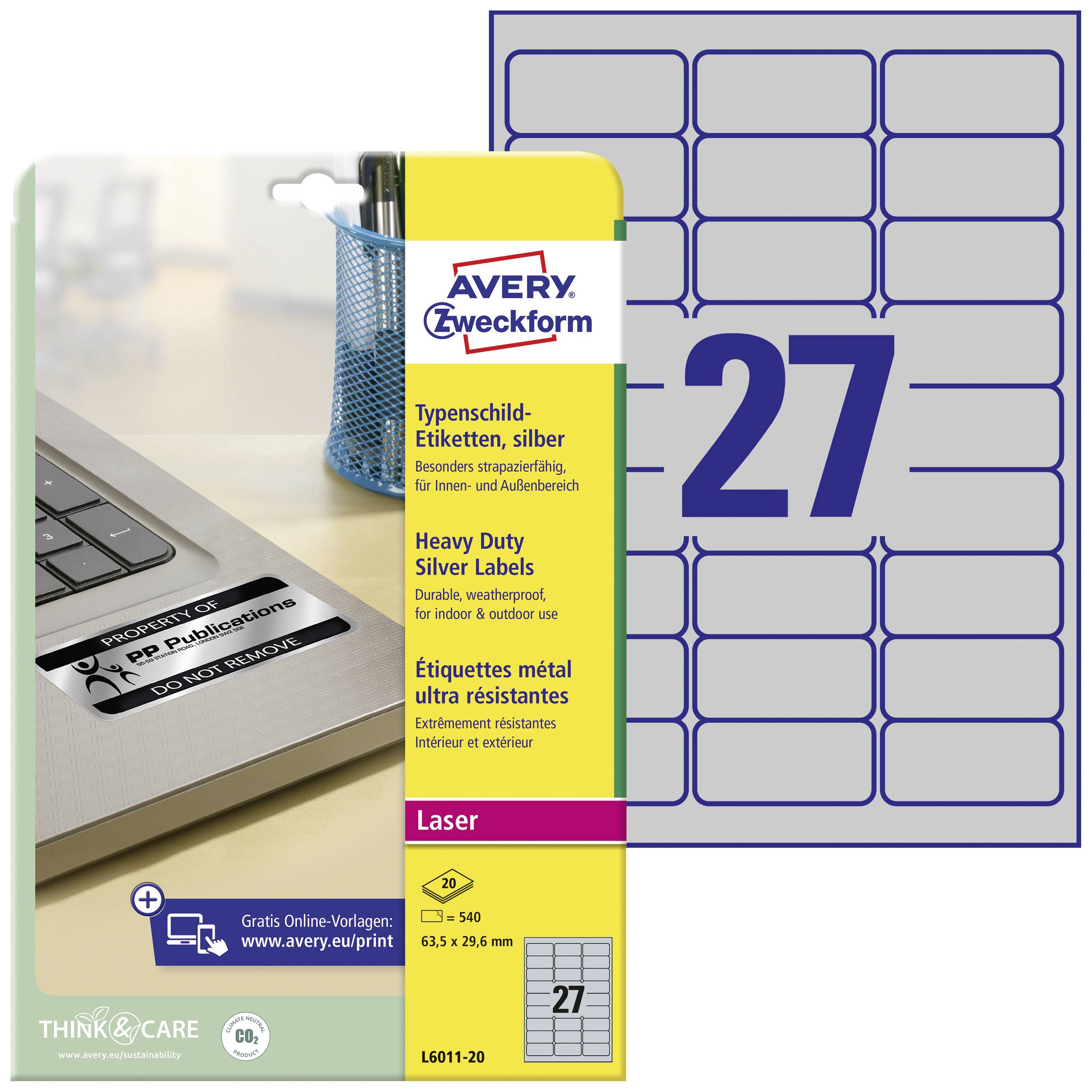 Avery-Zweckform L6011-20 Typenschild-Etiketten 63.5 x 29.6 mm Polyester-Folie Silber 540 St. Permanent haftend Laserdruc-0