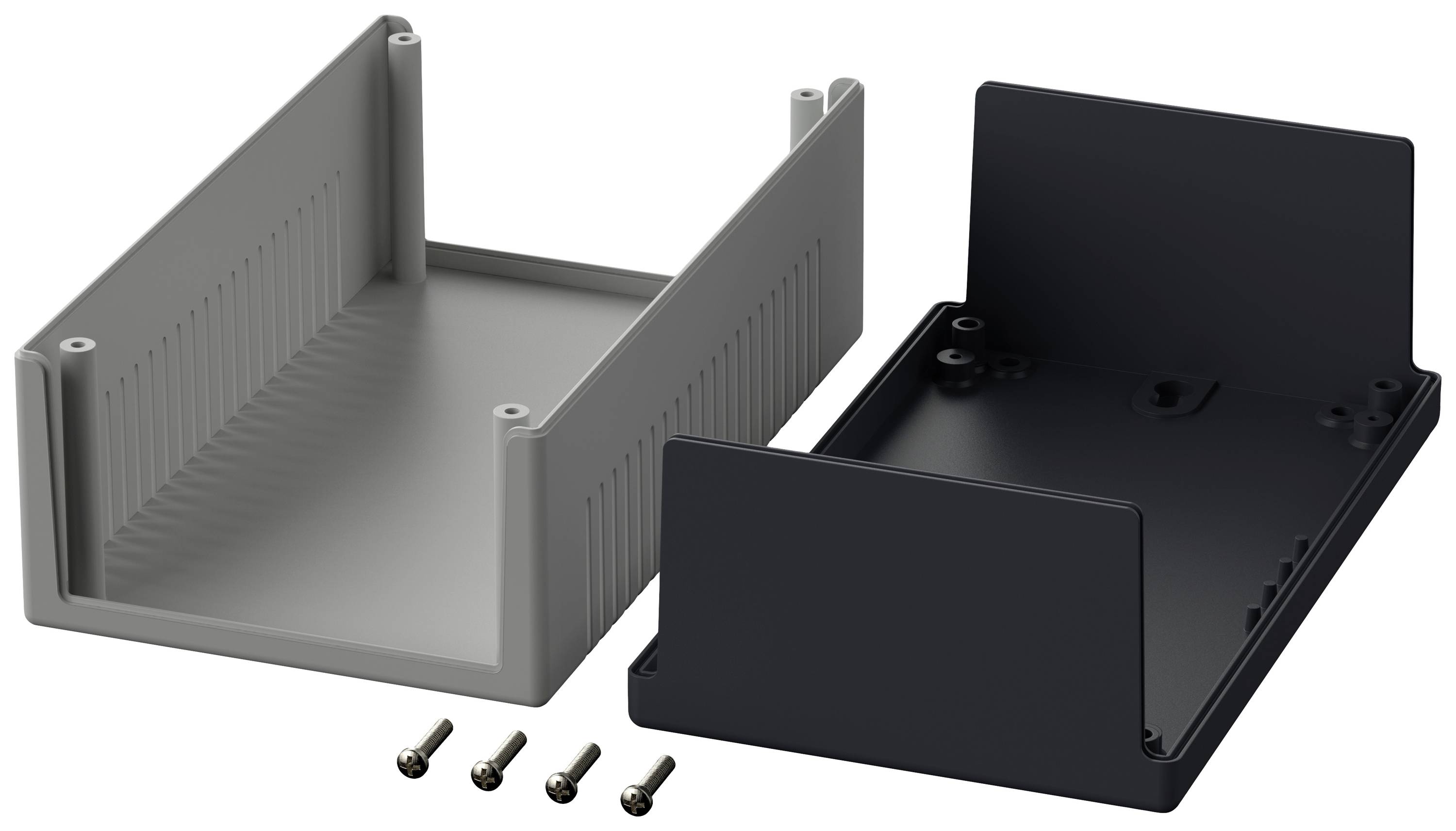 Zwei Kunststoffgehäusehälften, eine grau und die andere schwarz, liegen offen nebeneinander, begleitet von vier kleinen Schrauben.