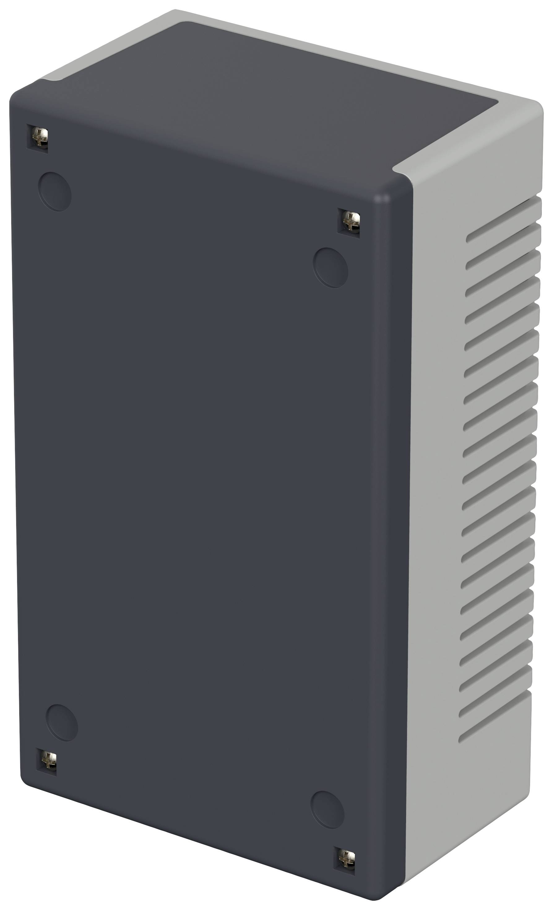 Ein rechteckiges, graues Gehäuse mit abgerundeten Ecken und vier sichtbaren Schrauben an den Ecken.