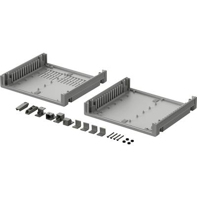 Elektronisches Gehäuse in zwei Hälften mit verschiedenen Steckverbinderteilen und Schrauben, vorbereitet für den Zusammenbau.