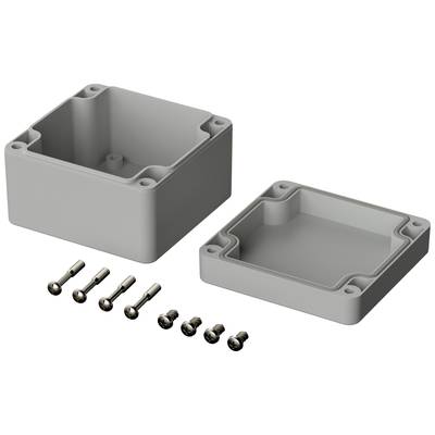 Grau eloxiertes Aluminiumgehäuse zweigeteilt mit sieben Schrauben. Geeignet zur Montage von elektronischen Komponenten.