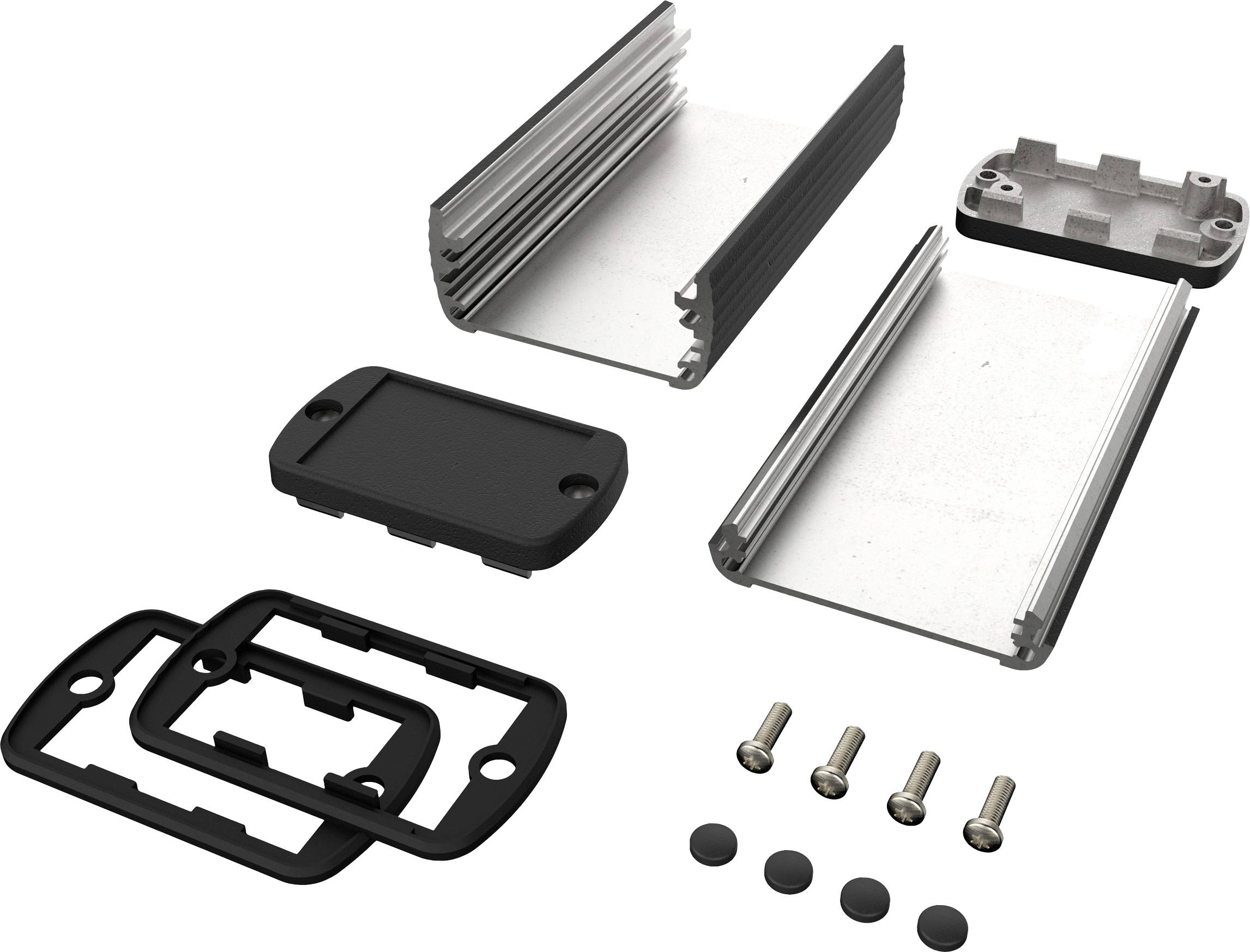 'Aluminiumgehäuse-Bausatz' zeigt mehrere Teile: zwei Gehäuseschalen, zwei Halterungen, Schrauben und Dichtungen.