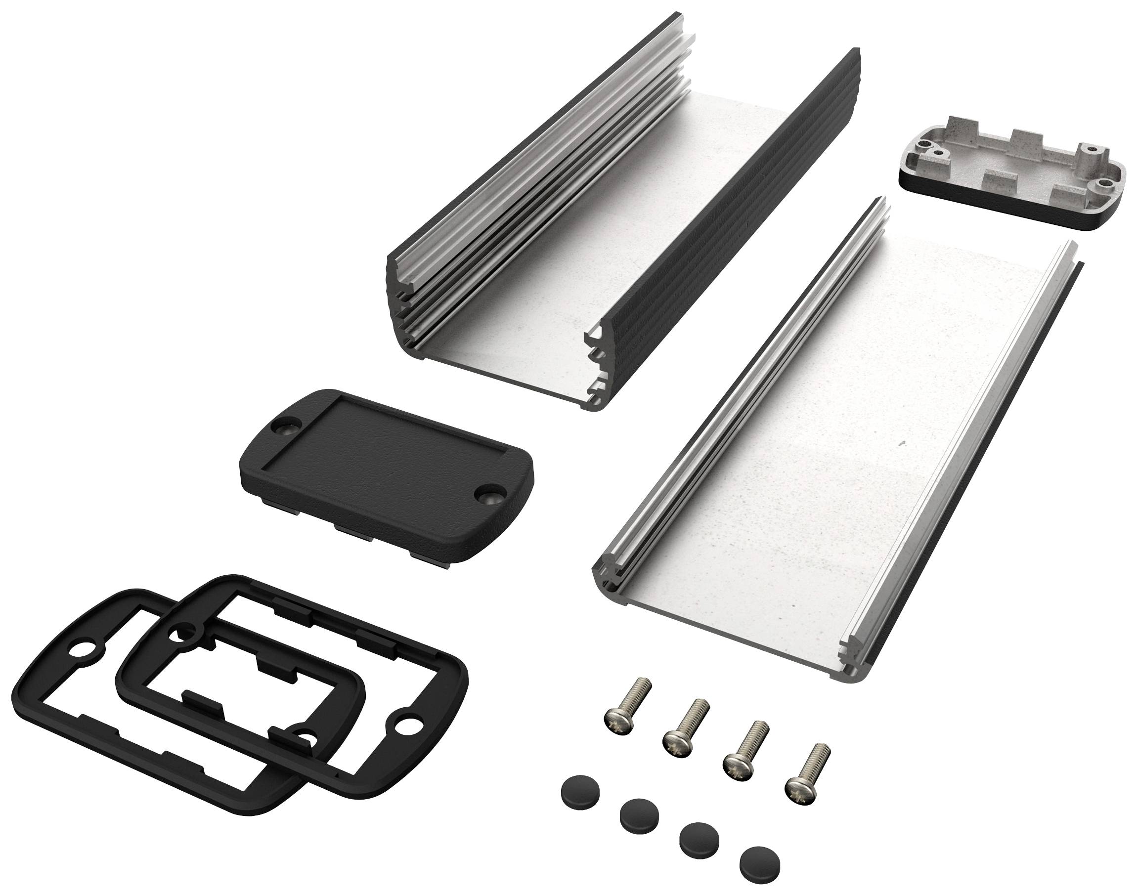 Teilesatz eines Gehäuses mit Metallprofilen, Abdeckungen, Schrauben und Dichtungen, zur Eigenmontage eines elektronischen Geräts.