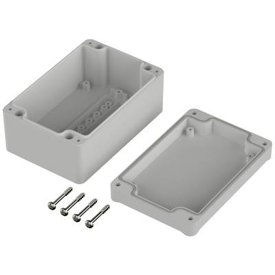 Elektronikkasten aus Kunststoff, bestehend aus zwei Teilen mit Schrauben zur Befestigung, zeigt das Innere des Gehäuses.