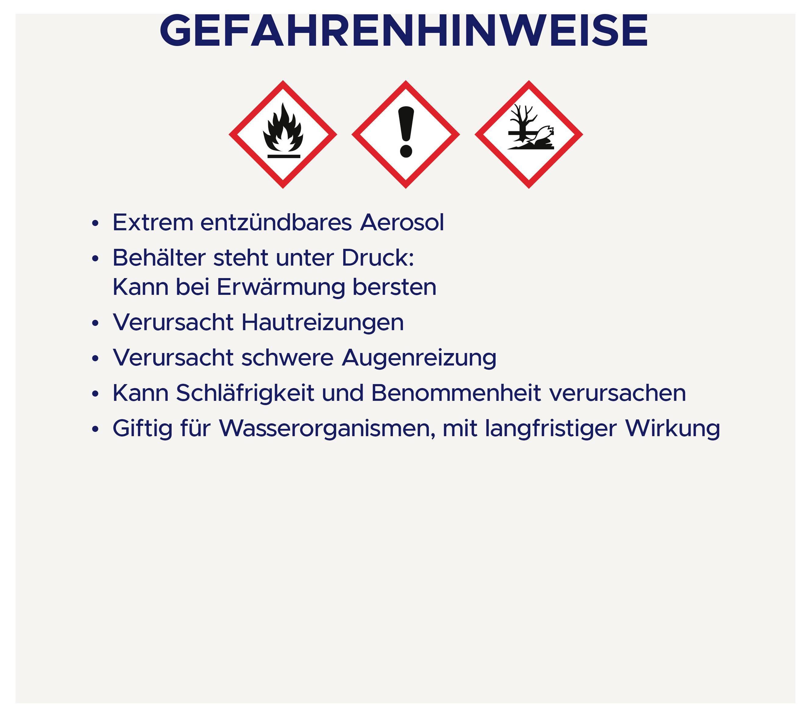 Gefahrenhinweise für ein Aerosol mit Piktogrammen für Entzündbarkeit, Warnung und Umweltgefahr; Hinweise zu Druck, Reizung, Benommenheit und Wassergefährdung.