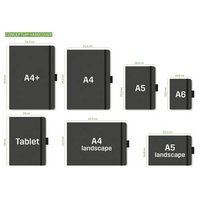 Größenvergleichstabelle von Conceptum Hardcover-Notizbüchern mit den Abmessungen A4+, A4, A5, A6, Tablet, A4 Querformat und A5 Querformat.