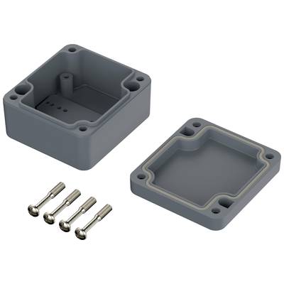 Graues rechteckiges Gehäuse aus Kunststoff, bestehend aus einer oberen und einer unteren Abdeckung mit vier Metallschrauben.