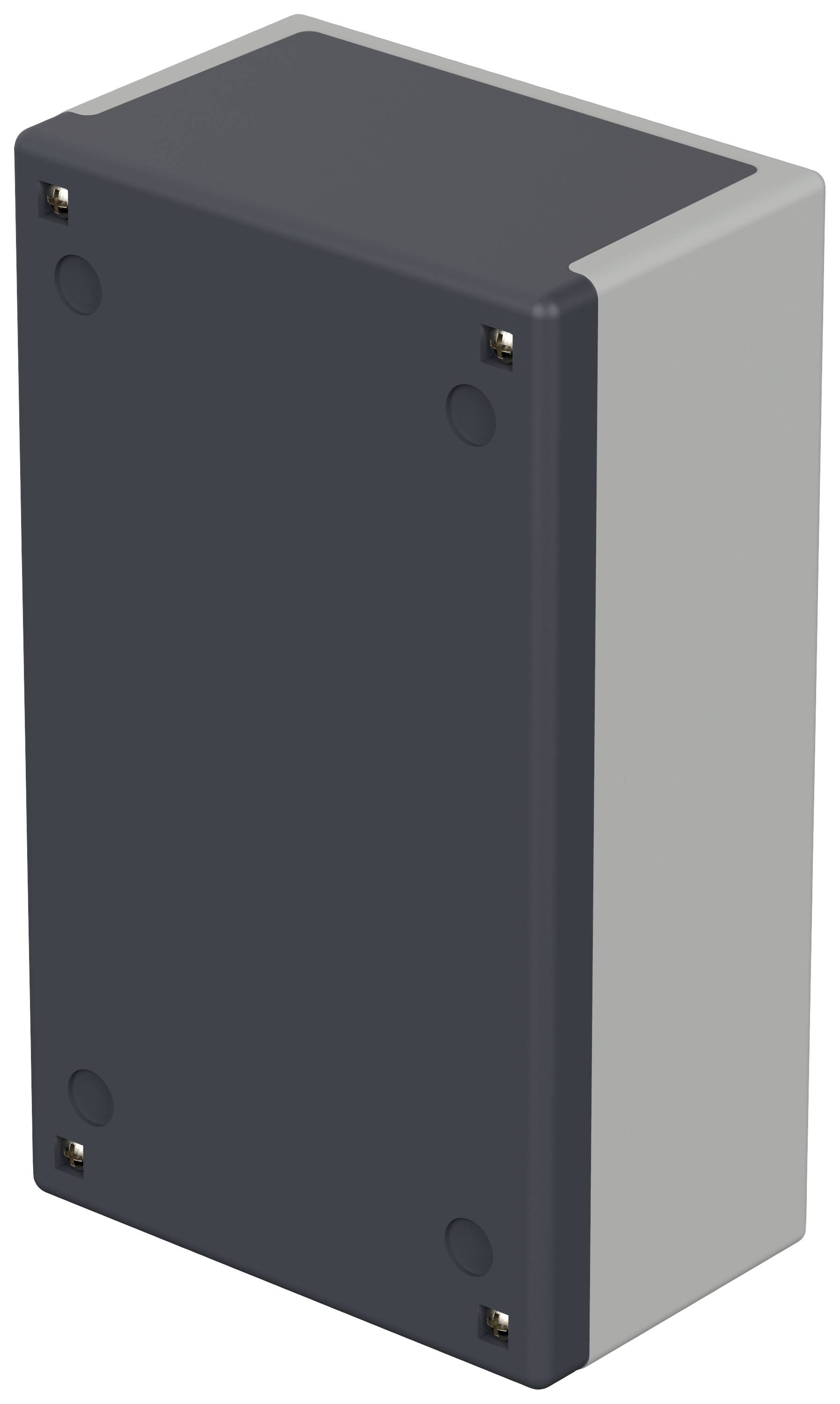 Ein rechteckiges, graues Gehäuse mit Schrauben an den Ecken. Es scheint für elektronische Komponenten oder Verkabelung geeignet zu sein.