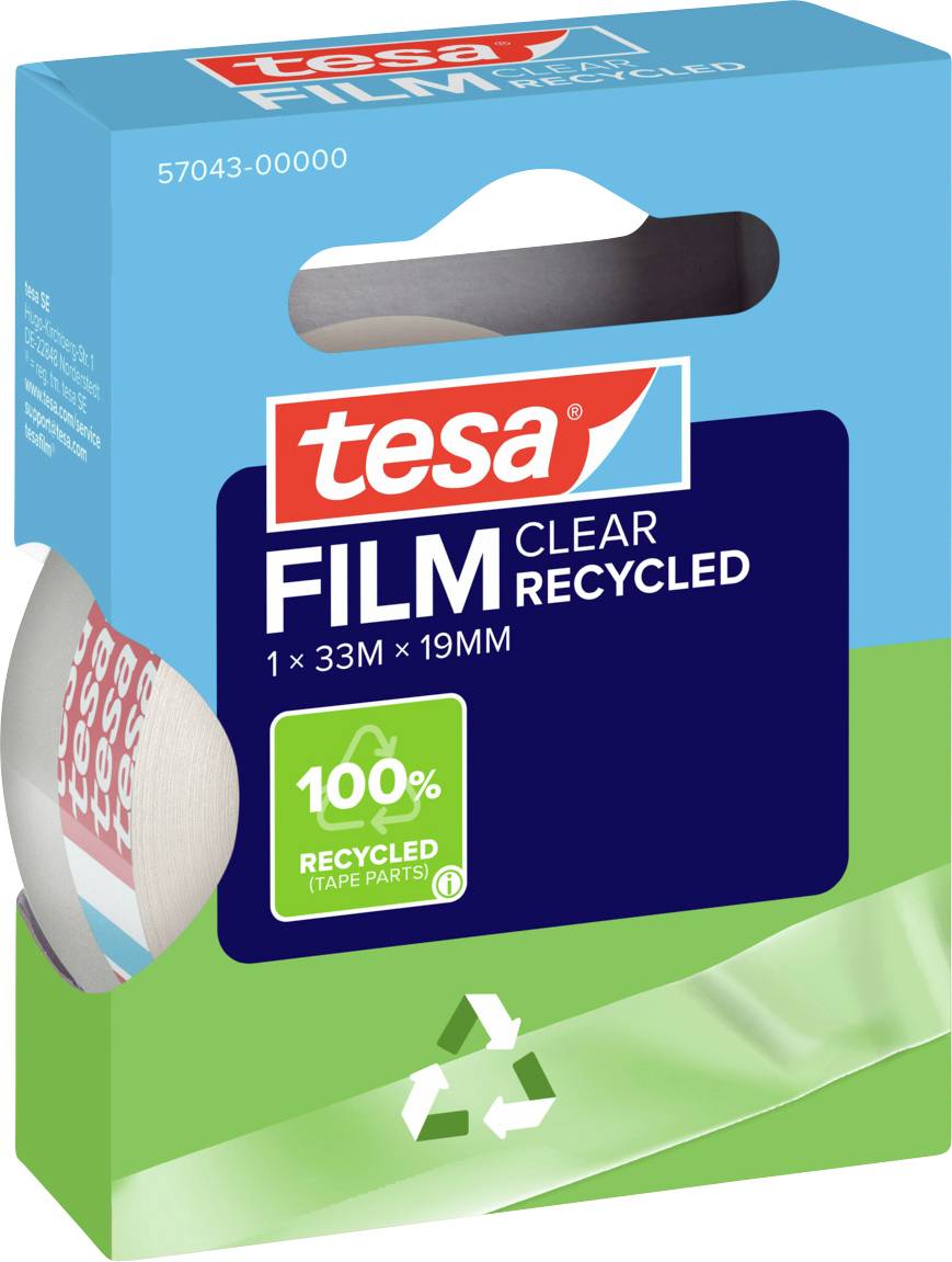 „Recyceltes Klebeband" – Verpackung mit Markenname und „100% recycelte Klebebandteile". Grünes und blaues Design mit einem Recycling-Symbol.
