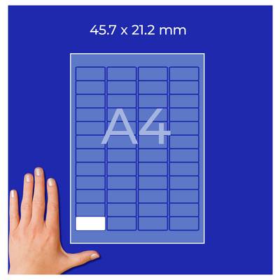 Illustration eines A4-Labels mit den Maßen 45,7 x 21,2 mm; Raster und Hand zeigen die passende Etikettengröße.
