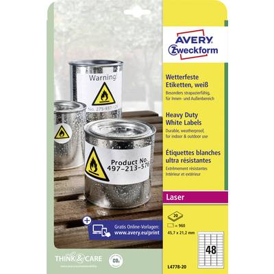 'Drei silberne Farbbehälter mit Warnsymbolen und Produkthinweisen. Text zeigt Wetterfestigkeit von Avery Zweckform Etiketten, 48 Stück pro Packung.'