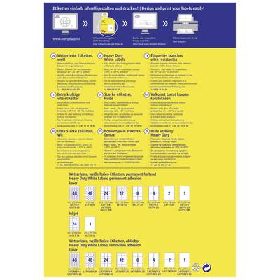 Gelbe Anleitung zum Drucken und Gestalten von Etiketten mit Schritten, Symbolen und Beschriftungen in Deutsch, Englisch, Französisch, Niederländisch. Enthält Produktinformationen und Anwendungsempfehlungen.