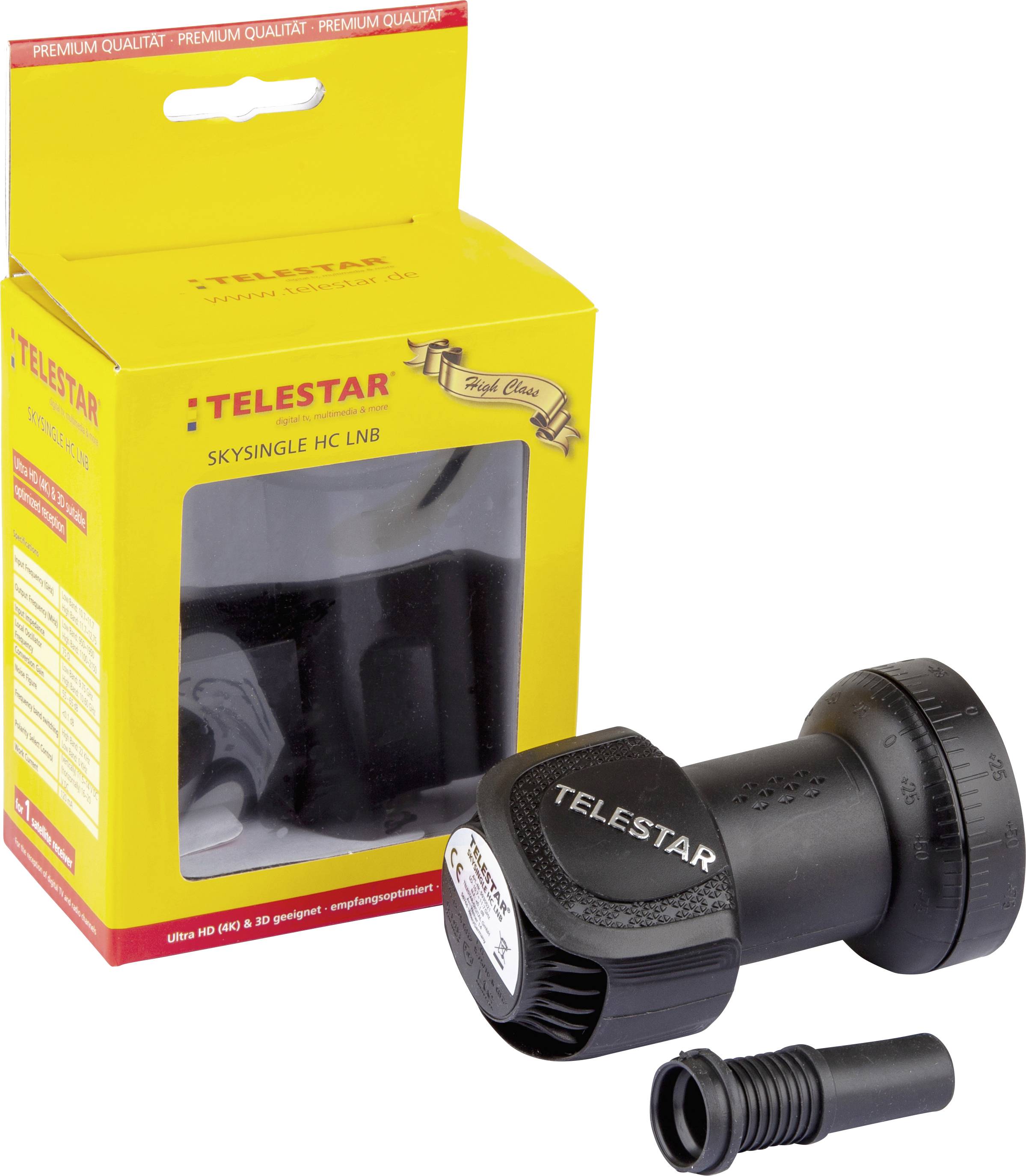 Gelbes Telestar-Produktpaket mit Sky Single HC LNB und schwarzem Zubehörteil. Verpackung betont 'High Class'-Qualität.