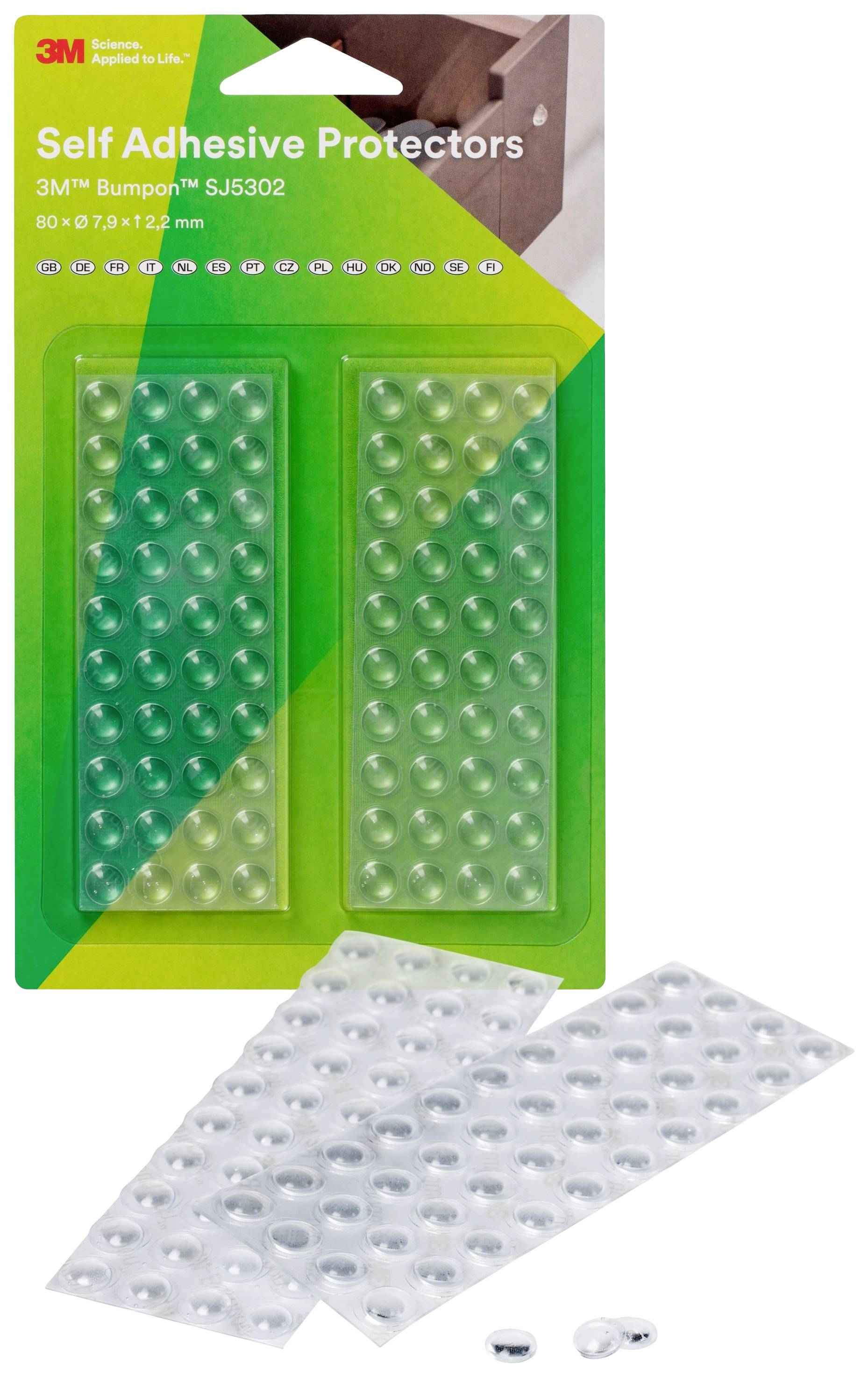 '3M Bumpon SJ5302' selbstklebende Schutznoppen, transparent, 80 Stück, auf Karte und teilweise bereits abgelöst.