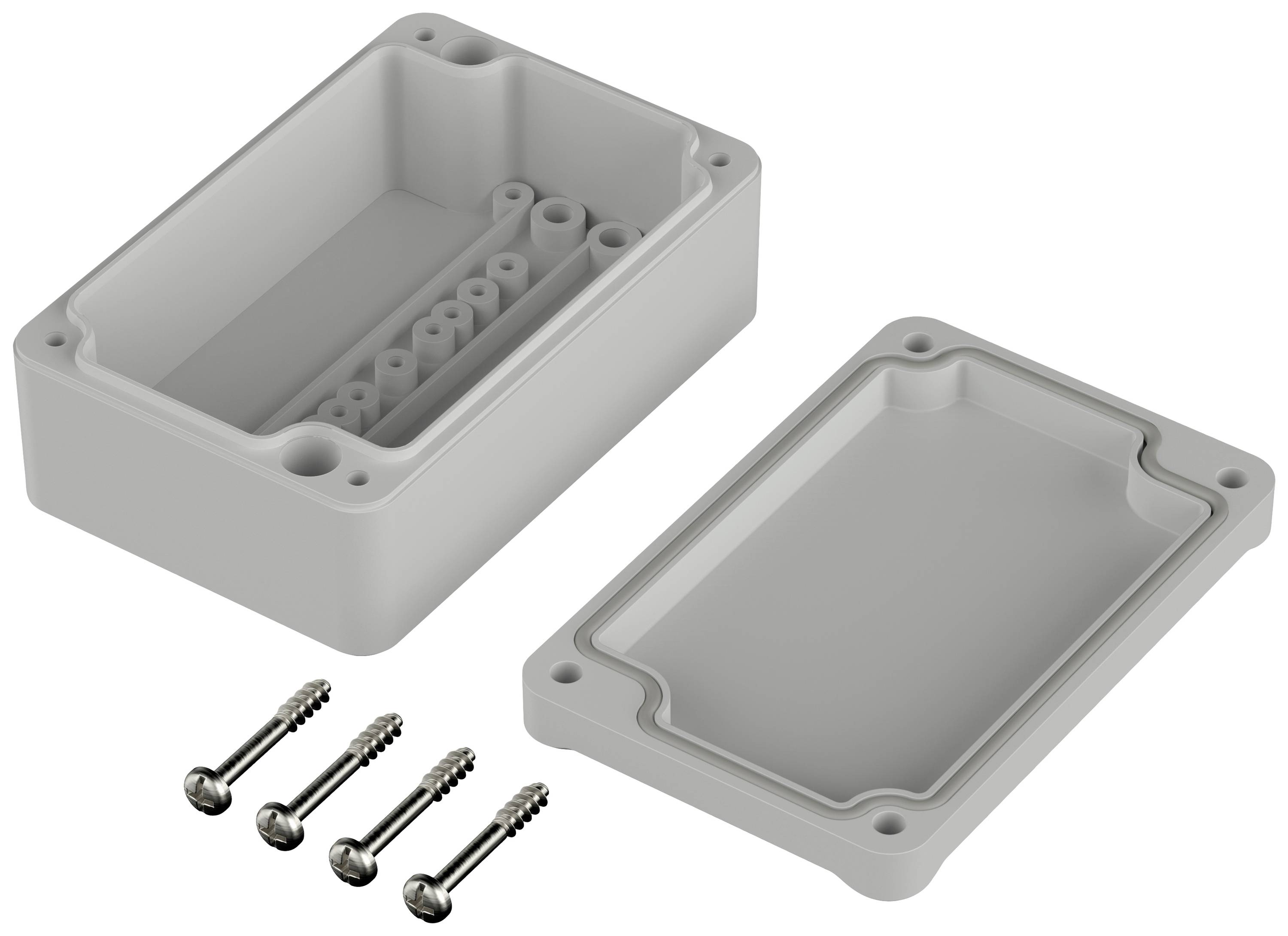 Ein rechteckiges graues Gehäuse mit abnehmbarem Deckel und vier Schrauben. Geeignet für elektrische oder elektronische Komponenten.