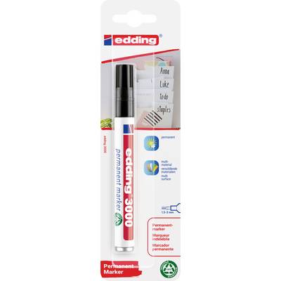 Edding 3000 Permanentmarker in einer Verpackung. Die Verpackung zeigt Anwendungsbeispiele für den Stift, einschließlich Beschriftung.
