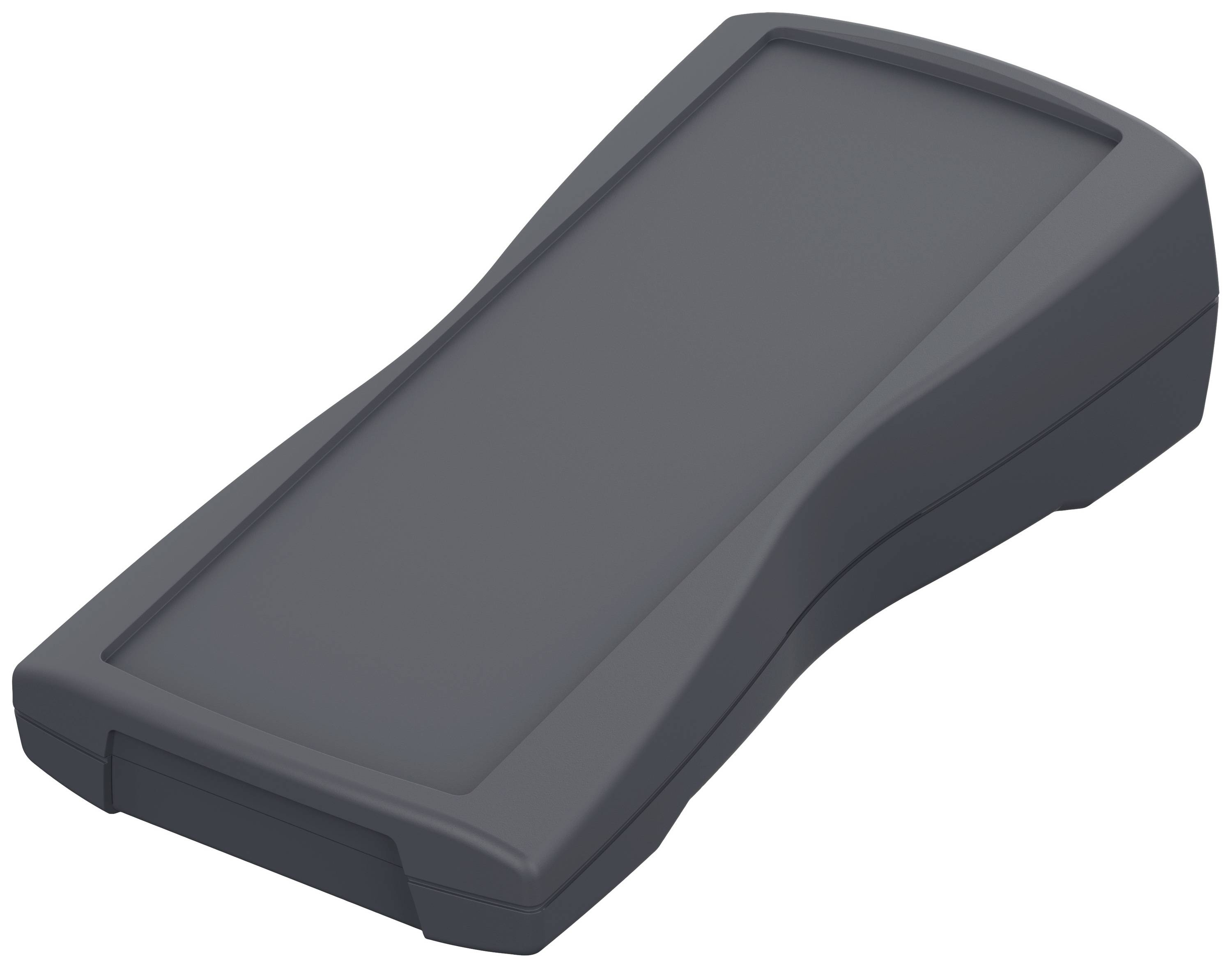 Ein schwarzes, rechteckiges Gerät mit abgerundeten Kanten liegt flach auf einer Oberfläche. Es hat ein minimalistisches Design.