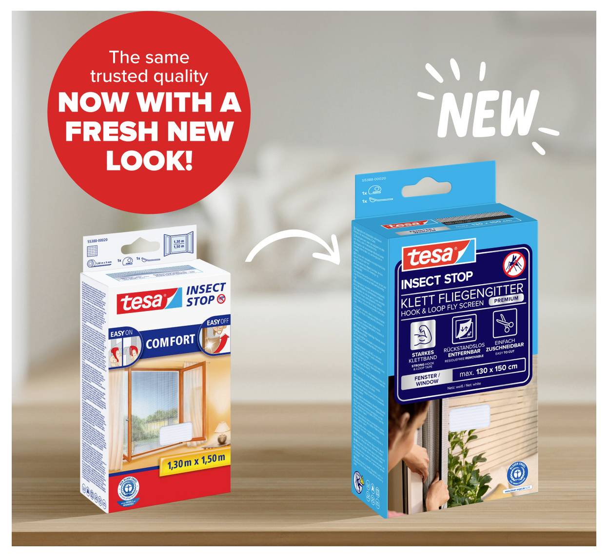Werbung für tesa Insektenschutz: alter Verpackungsstil links und neues blaues Design rechts, mit Hinweis 'NEW' und 'FRESH NEW LOOK!'<br>