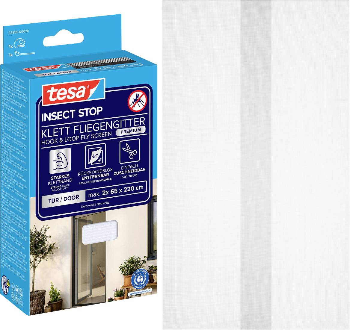 Karton mit tesa Insect Stop Fliegengitter für Türen mit Klettverschluss, zeigt einen weißen Mesh-Vorhang und Produktmerkmale auf blauer Verpackung.