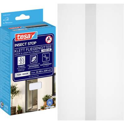 Karton mit tesa Insect Stop Fliegengitter für Türen mit Klettverschluss, zeigt einen weißen Mesh-Vorhang und Produktmerkmale auf blauer Verpackung.