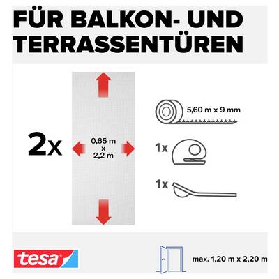 Werbegrafik für Balkon- und Terrassentüren: 2x Insektenschutz 0,65 m x 2,2 m, Zubehör mit Klebeband 5,60 m x 9 mm, Rolle und Montagewerkzeug; max. 1,20 m x 2,20 m.<br>