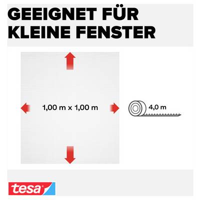 Werbegrafik für tesa: 'Geeignet für kleine Fenster'; zeigt 1,00 m x 1,00 m Fläche und 4,0 m Klebebandrolle mit Pfeilen.