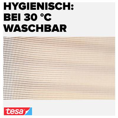 Werbetext mit Tesa-Logo: 'HYGIENISCH: BEI 30 °C WASCHBAR' über abstraktem feinen Netz-/Gittermuster.