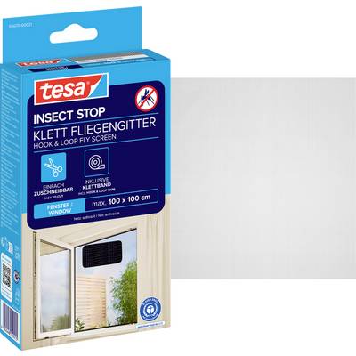 Karton mit tesa Insect Stop Klettfliegengitter für Fenster, verstellbar bis 100 x 100 cm, dargestellt mit einem Fenstereinbaubeispiel.