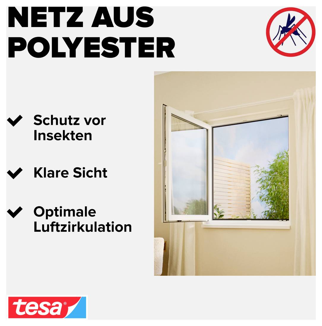 Werbung für 'Netz aus Polyester' von tesa: Insektenschutz für Fenster mit klarer Sicht und optimaler Luftzirkulation.